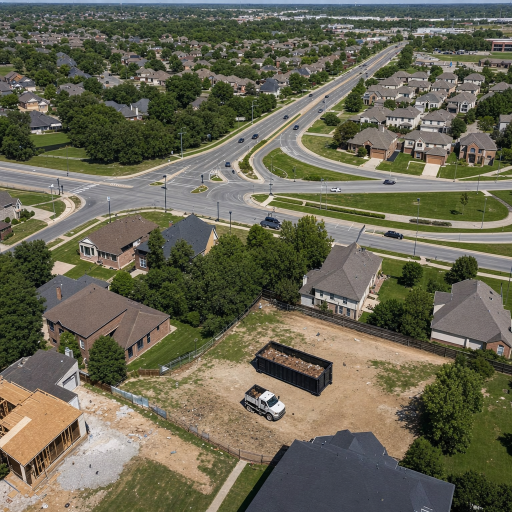 An overhead documentary view of the Providence metro area at midday, showing the spread of neighborhoods, arterial roads, and the dispatch radius from a central yard — clean daylight, organized geographic layout.